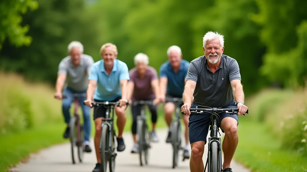 Grupa seniorów na wspólnej wycieczce rowerowej