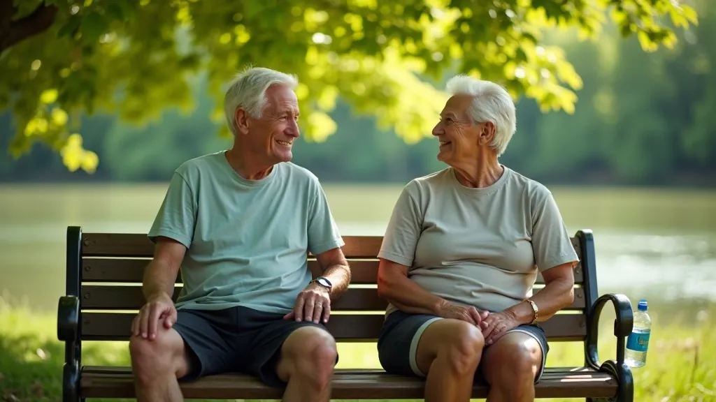 Seniorzy na rowerach zatrzymani nad rzeką, odpoczywają w cieniu drzew, wypijają wodę